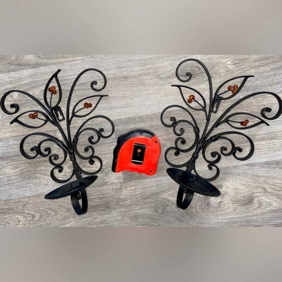 3/75$ Set of 2 Metal Wall mounted Candle Sconce Holder black thick metal‎ leaves - Picture 3 of 14